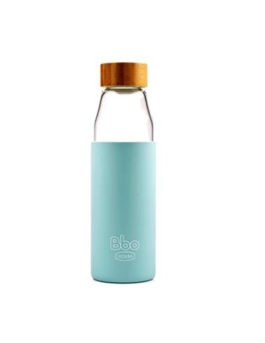 BOTELLA BOROSILICATO tapon bambu azul 500ml. IRISANA