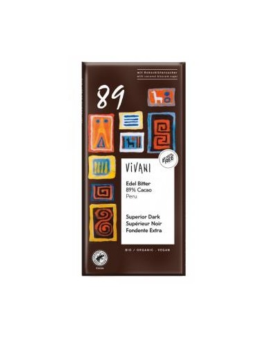 CHOCOLATE NEGRO SUPERIOR 89% PERU azucar coco 80gr VIVANI