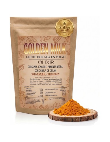 Olixir Leche Dorada: mezcla artesanal de cúrcuma, jengibre, pimienta negra y canela. Vegana, sin aditivos, 250 g