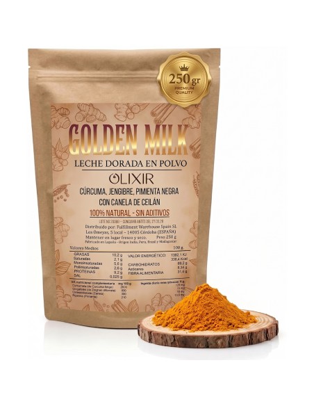 Olixir Leche Dorada: mezcla artesanal de cúrcuma, jengibre, pimienta negra y canela. Vegana, sin aditivos, 250 g